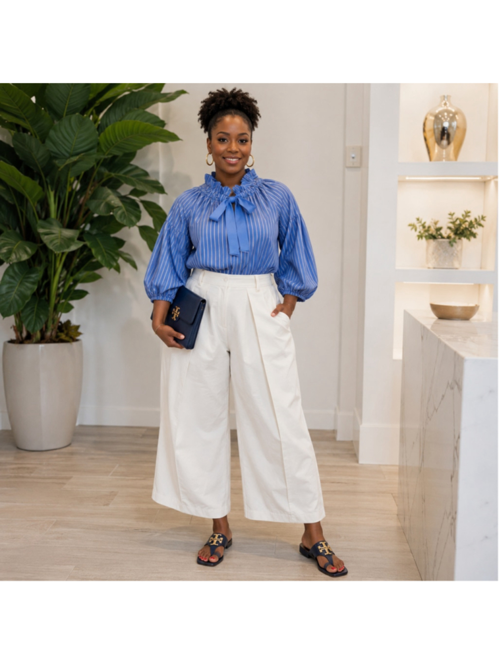Free Assembly Striped Blouse, Size XS, Blue and White